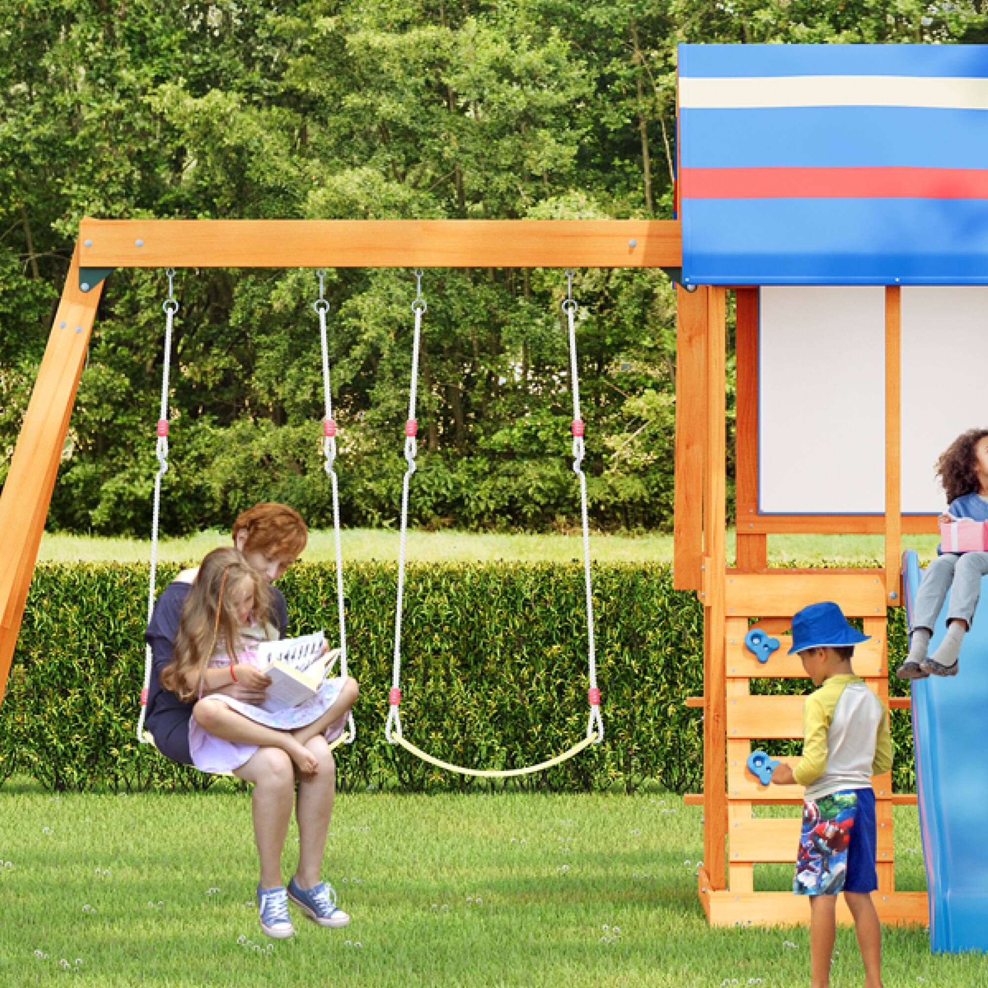 Alt View 2. ELEMENT ACE - Outdoor Wooden Swing Set with Slide, Swings, and Climbing Wall for Backyard and Garden Play.