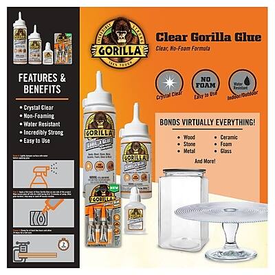 **Clear Gorilla Glue**

**Features & Benefits:**
- Crystal Clear
- Non-Foaming
- Water Resistant
- Incredibly Strong
- Easy to Use

**Clear, No-Foam Formula**

**No Mess, No Foam!**

**Water Resistant**

**Bonds Virtually Everything!**
- Wood
- Stone
- Metal
- Ceramic
- Foam
- Glass
- And More!

**Easy to Use**

**Indoor/Outdoor Use**