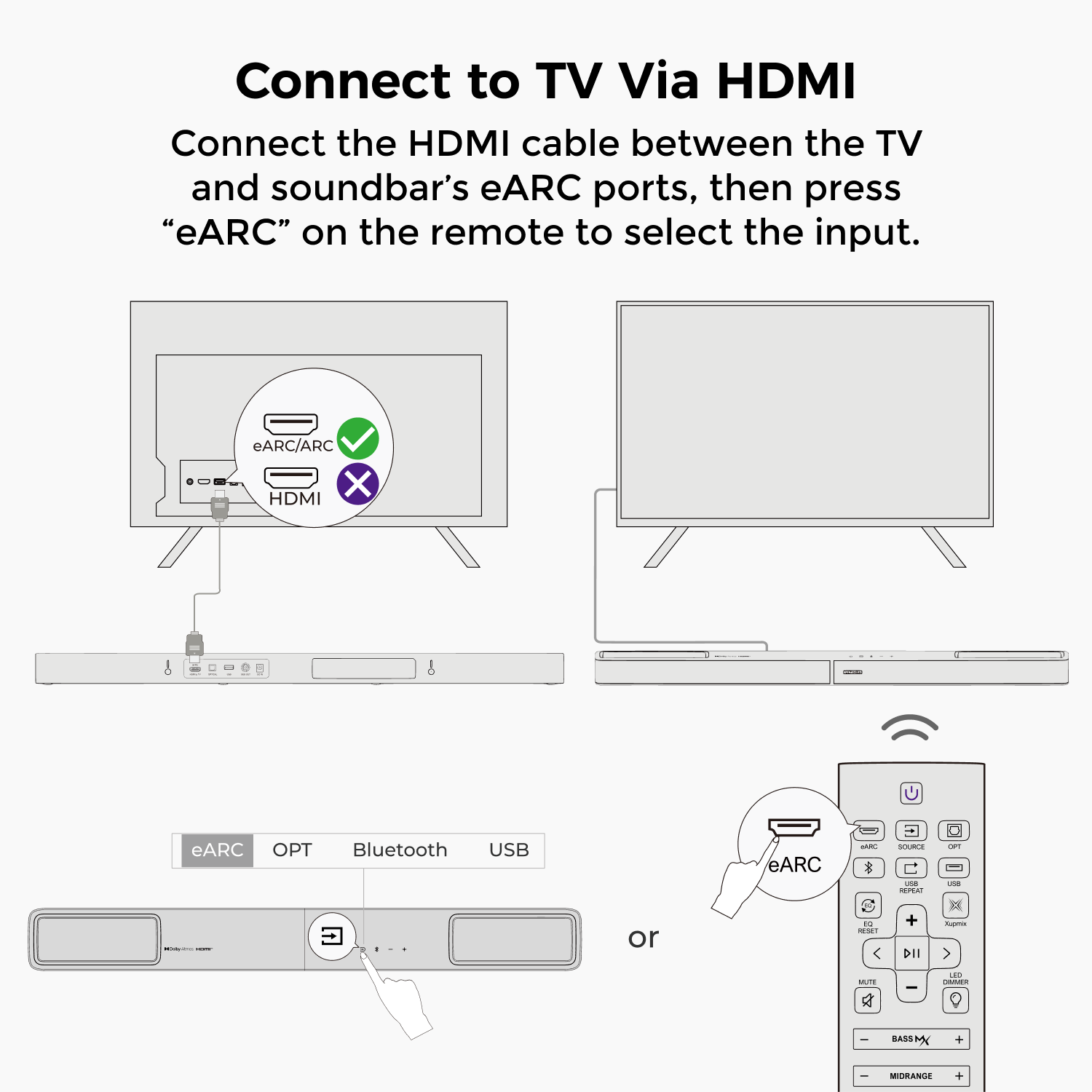 Connect to TV Via HDMI

Connect the HDMI cable between the TV and soundbar's eARC ports, then press "eARC" on the remote to select the input.

eARC/ARC HDMI X
I
eARC
OPT
Bluetooth
USB
eARC
ARC
C SOURCE usa REPENT
OPT LSB
Cheeter -
...
or
a RESET <
+ DII
 >
MUTE
LES CHAMMER
I

BASSMX
+
1
MIDRANGE
+