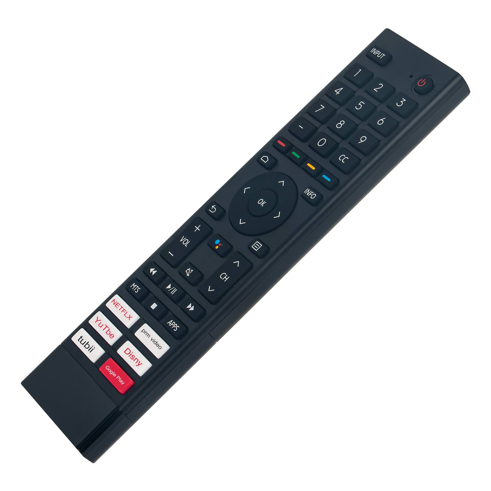 INPUT 1 4 2 7 5 8 6 - - 0 9 D - CC - - ^ < INFO OK  > V + VOL  - ^   CH MTS D/l V NETFLX YuTbe APPS prm tubii video Disny Gogle Play