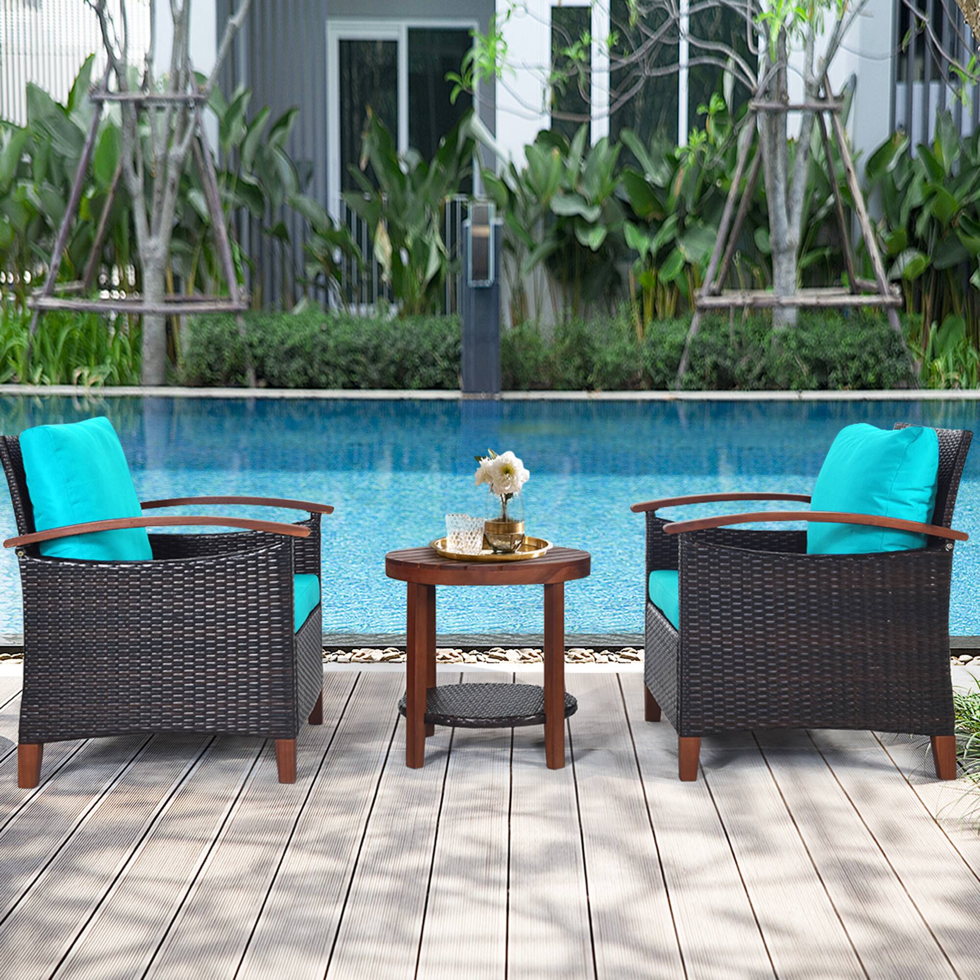 Alt View 8. Gymax - Gymax 3PCS Patio Wicker Rattan Conversation Set Outdoor Furniture Set w/ Turquoise Cushion - Turquoise.