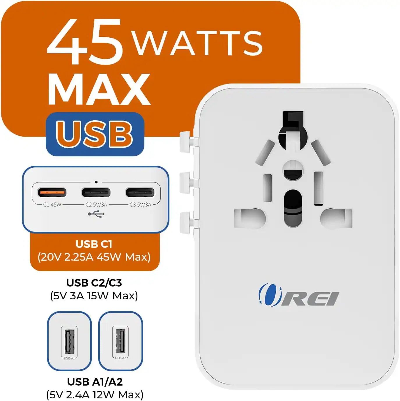 45 WATTS MAX USB
C1 (20V 2.25A 45W Max)
C2/C3 (5V 3A 15W Max)
A1/A2 (5V 2.4A 12W Max)