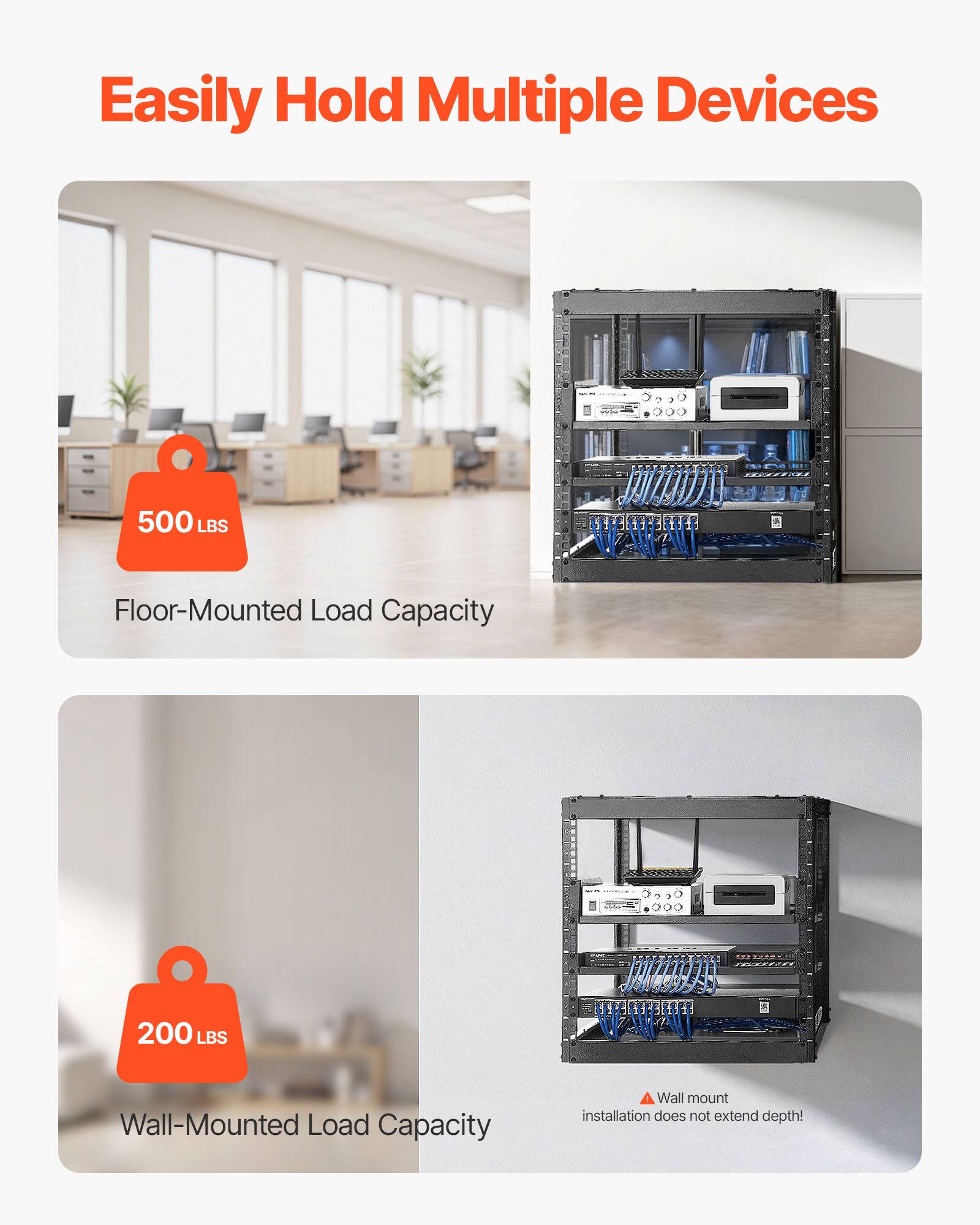 Easily Hold Multiple Devices

500 LBS Floor-Mounted Load Capacity

200 LBS Wall-Mounted Load Capacity

Wall mount installation does not extend depth!