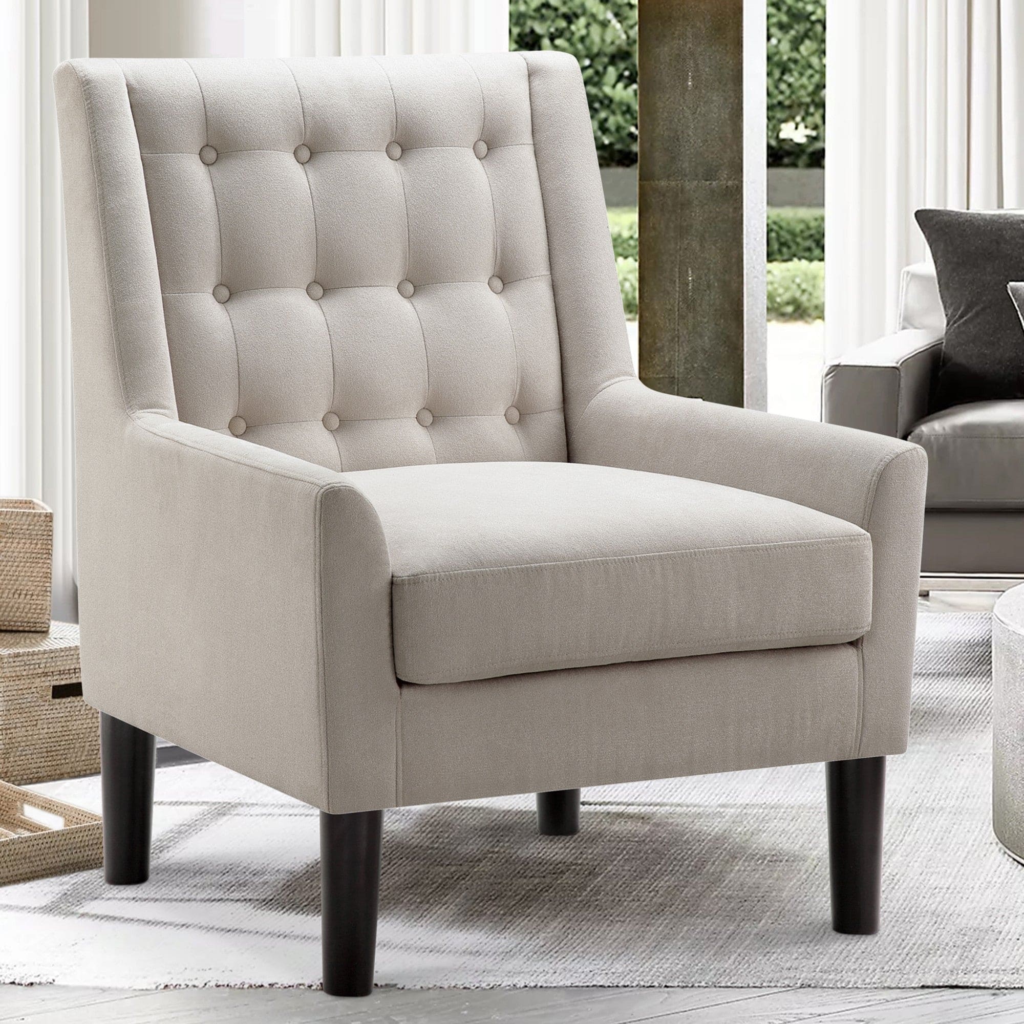 Boyel Living - Velvet Button Tufted Accent Chair with Solid Wood Legs - Beige