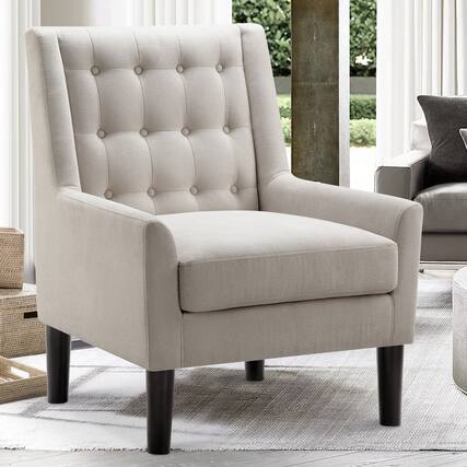 Front. Boyel Living - Velvet Button Tufted Accent Chair with Solid Wood Legs - Beige.