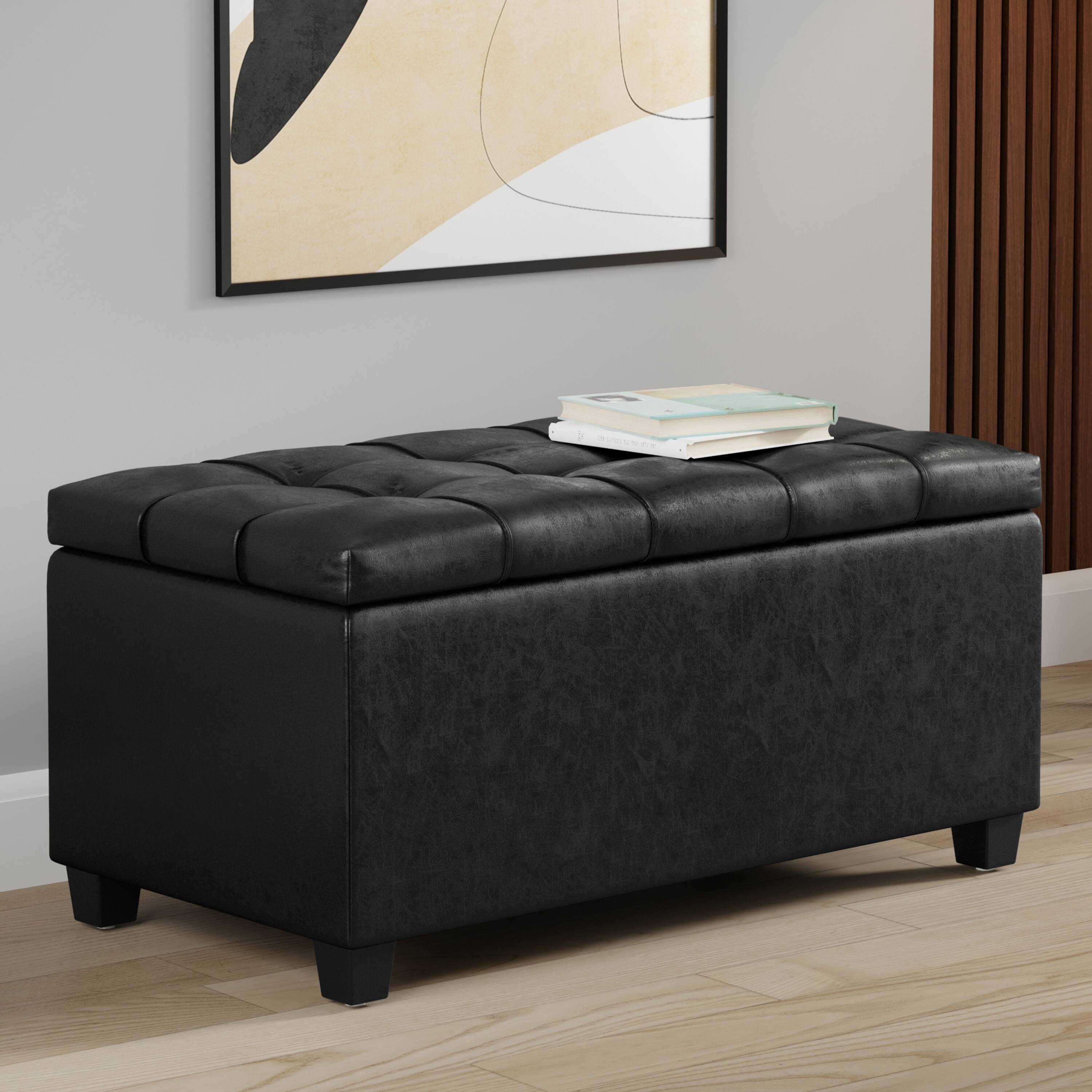 Angle. Simpli Home - Sienna 33 inch Wide Storage Ottoman Bench in Distressed Black Vegan Leather - Distressed Black.