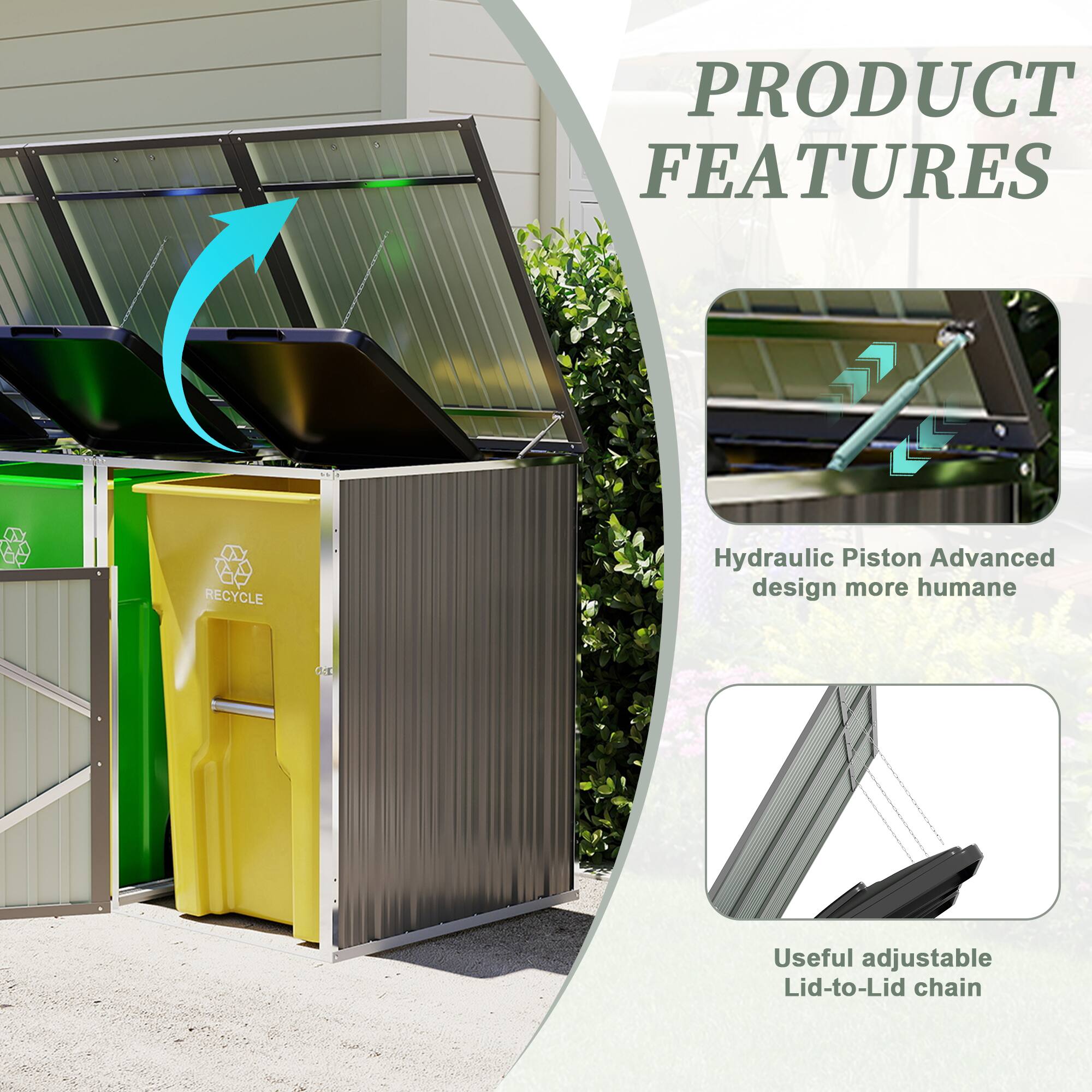 PRODUCT FEATURES

- RECYCLE
- Hydraulic Piston
- Advanced design more humane
- OE
- Useful adjustable Lid-to-Lid chain