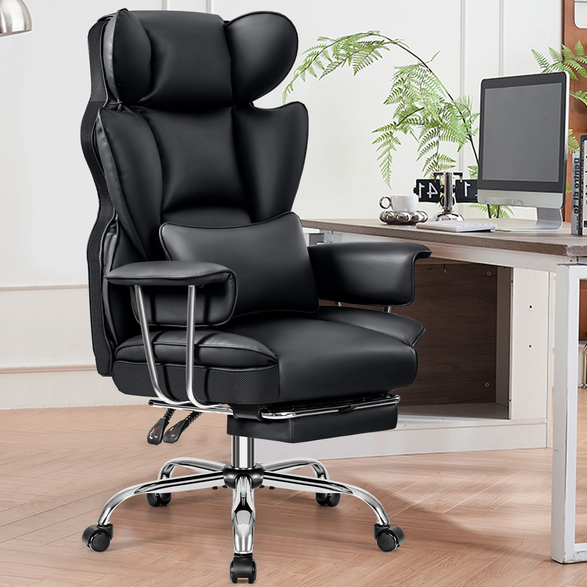 Front. KERDOM - Ergonomic Big and Tall Office Chair with Footrest, Soft High Back Executive Beautiful PU Leather Computer Chair - Black.