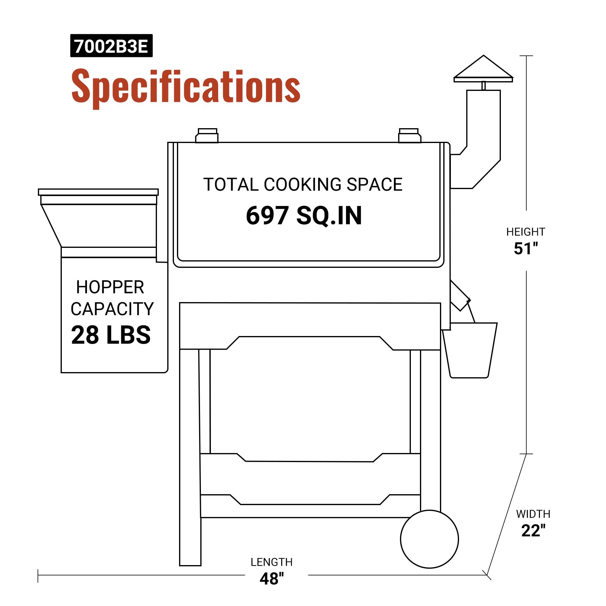 7002B3E Specifications  
TOTAL COOKING SPACE 697 SQ.IN  
HEIGHT 51"  
HOPPER CAPACITY 28 LBS  
WIDTH 22"  
LENGTH 48"