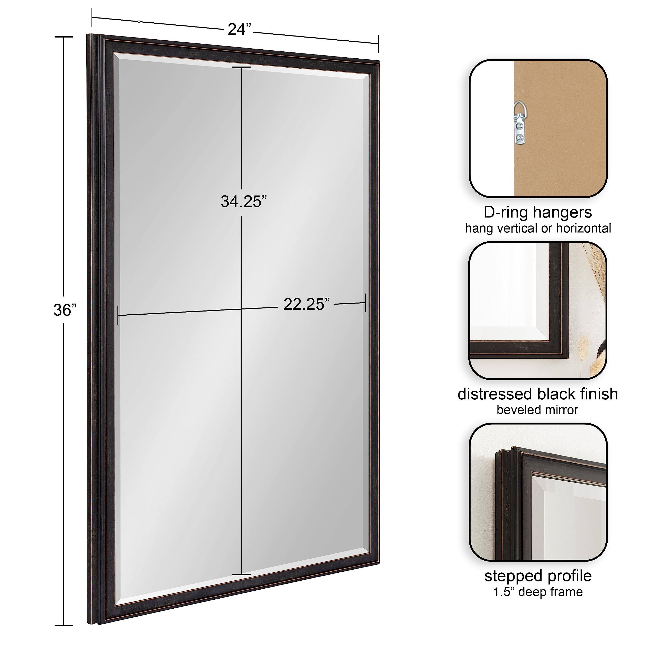 - 24" x 34.25" beveled mirror
- 36" x 22.25" distressed black finish
- D-ring hangers hang vertical or horizontal
- Stepped profile
- 1.5" deep frame