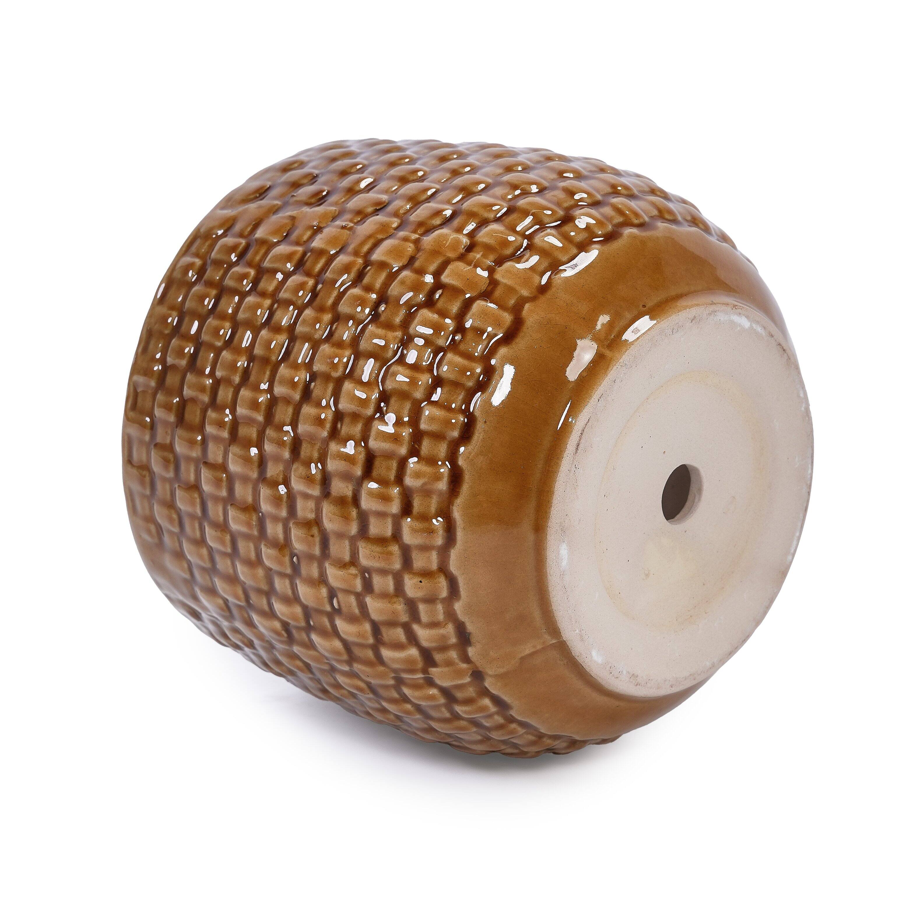 Alt View 6. Loheer - Loheer Ceramic Planter Set, Handmade Glazed Planter Set of 3 with Drainage, Diamond Pattern Terracotta Brown Pots.