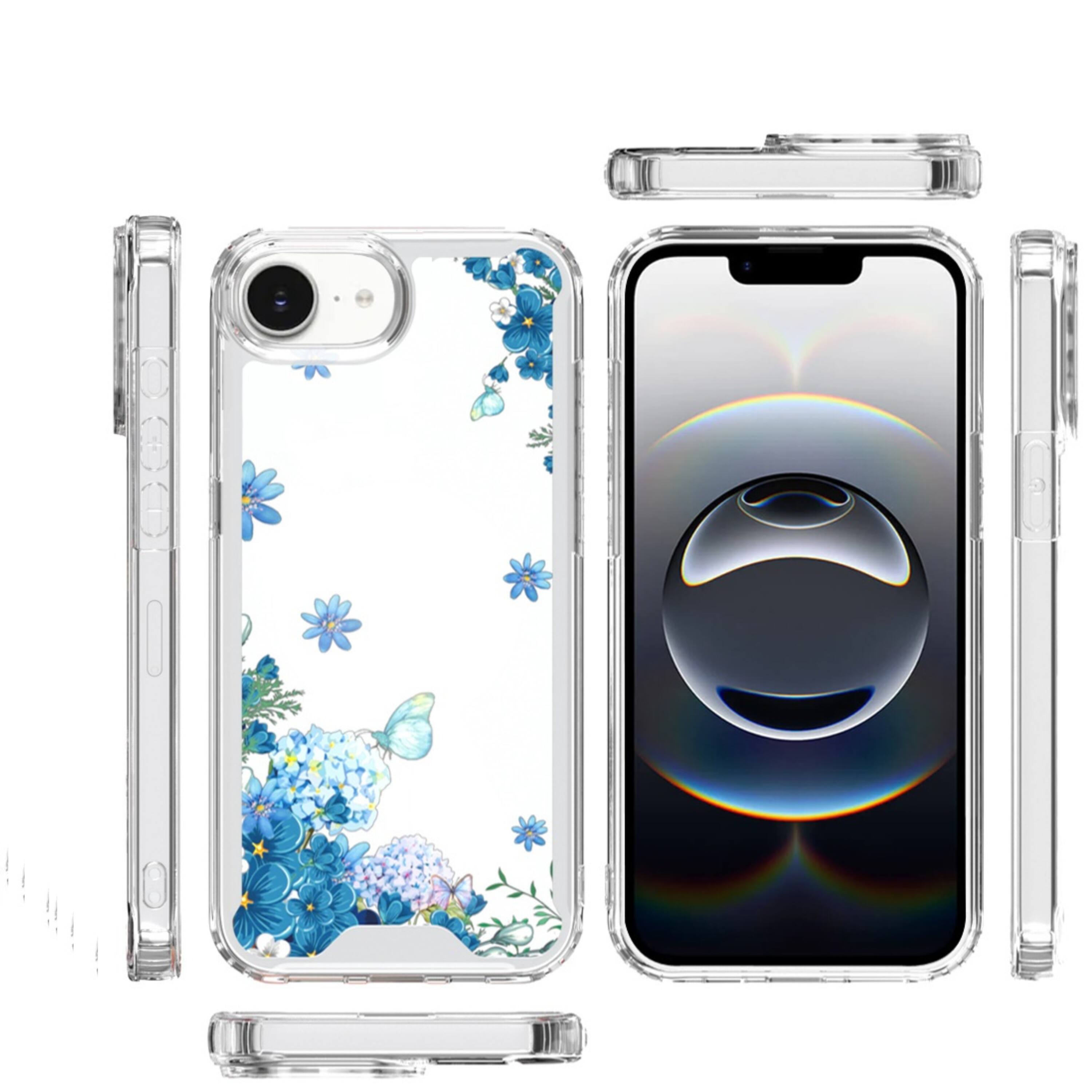 Angle. Kitcheniva - Cute Print Design Clear TPU Phone Case With Tempered Glass For iPhone 16e 17e Blue Floral - White.