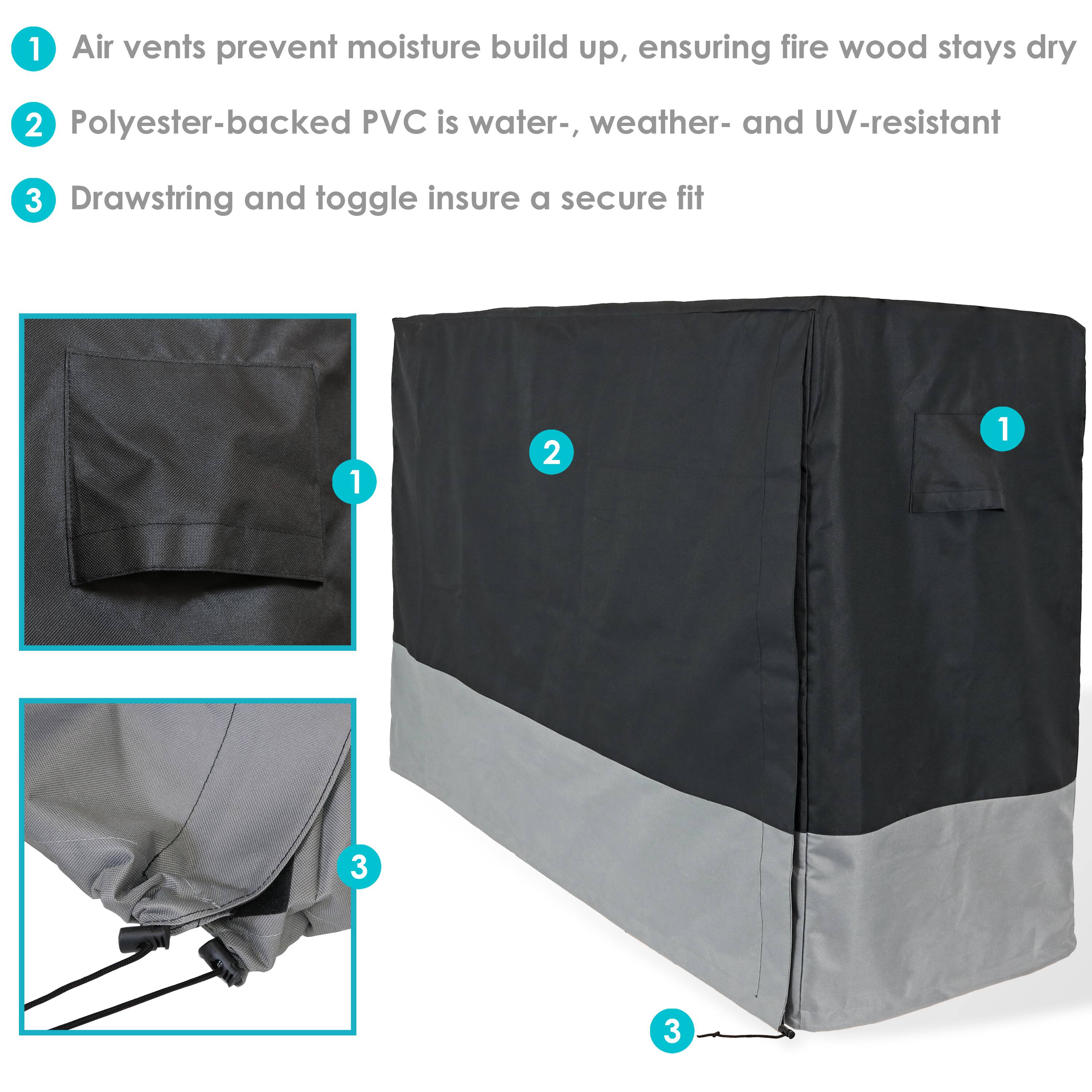 1. Air vents prevent moisture build up, ensuring fire wood stays dry
2. Polyester-backed PVC is water-, weather- and UV-resistant
3. Drawstring and toggle insure a secure fit