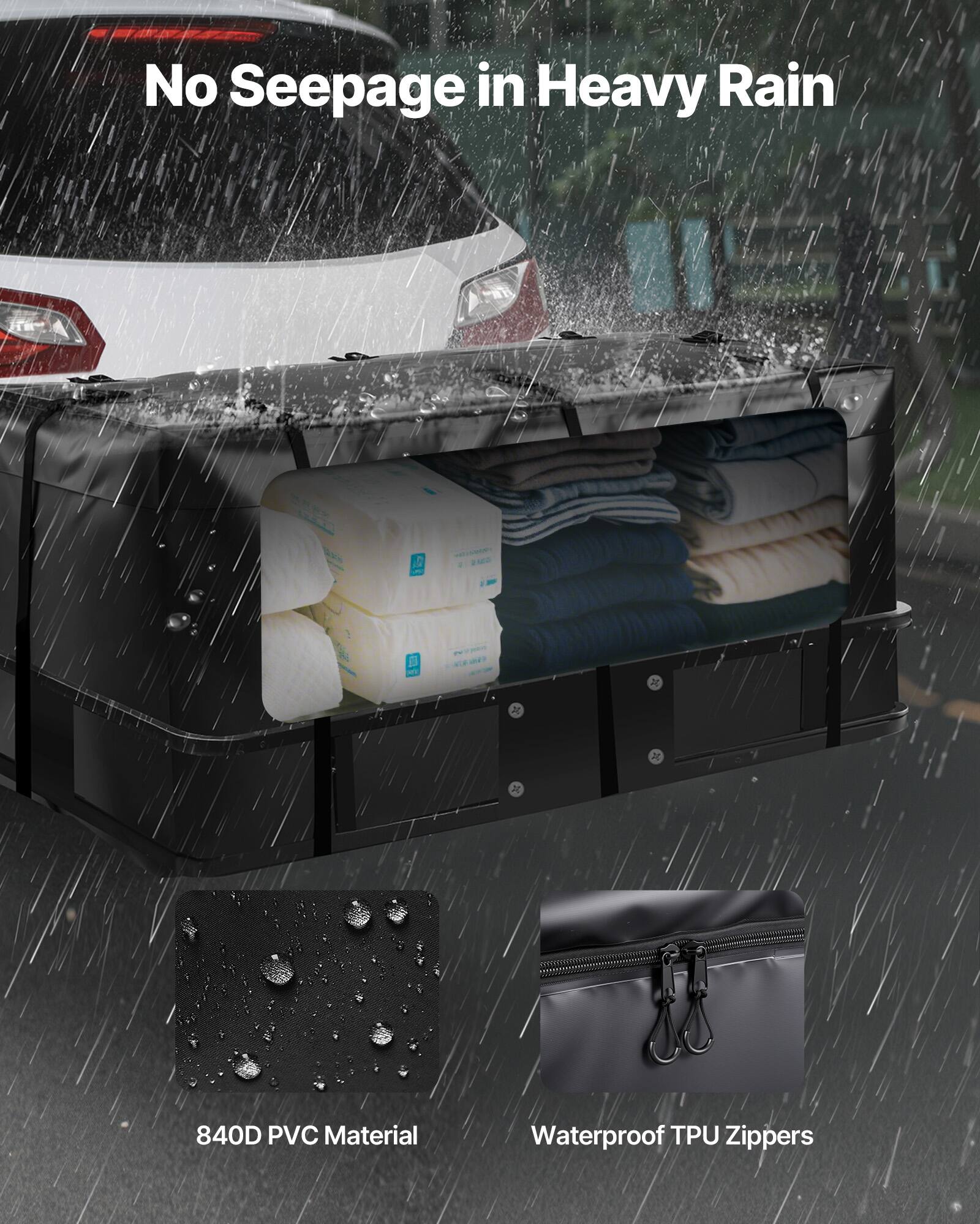 No Seepage in Heavy Rain

840D PVC Material

Waterproof TPU Zippers