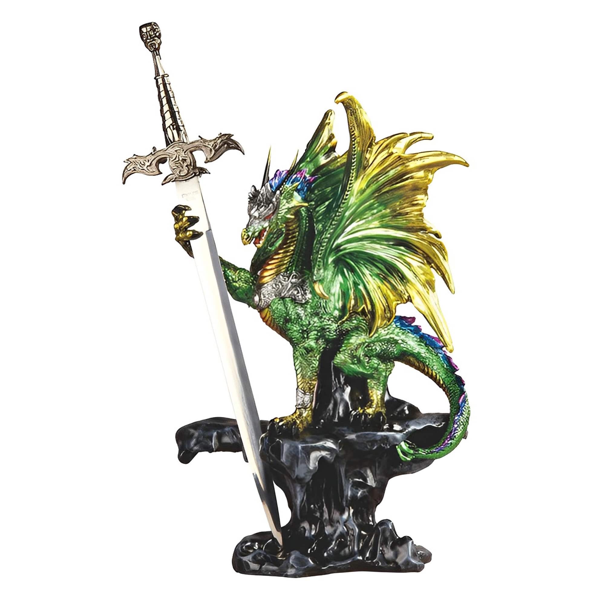 FC Design - 15"H Dragon with Sword on Cliff Figurine Statue Office/Computer Desk Tabletop Medieval Gaming Home Decor Gift - Multi-Color