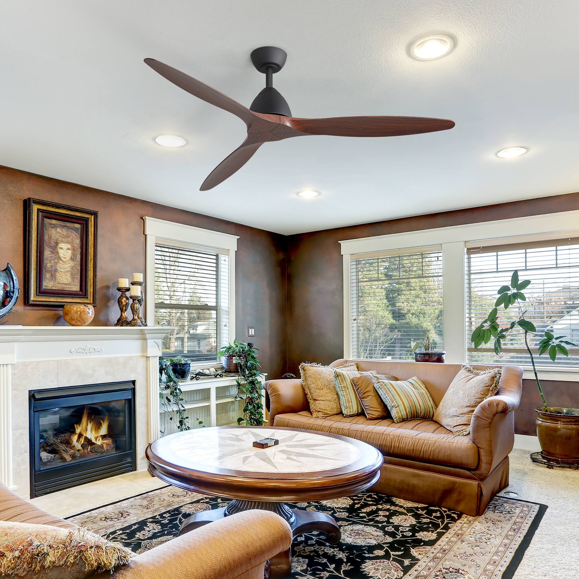 Alt View 2. Breezary - 56-Inch Modern Ceiling Fan with 3 Reversible ABS Blades, 6-Speed Quiet DC Motor, Timer, 6" Downrod Mount - Black and Double-sided wood-grain.
