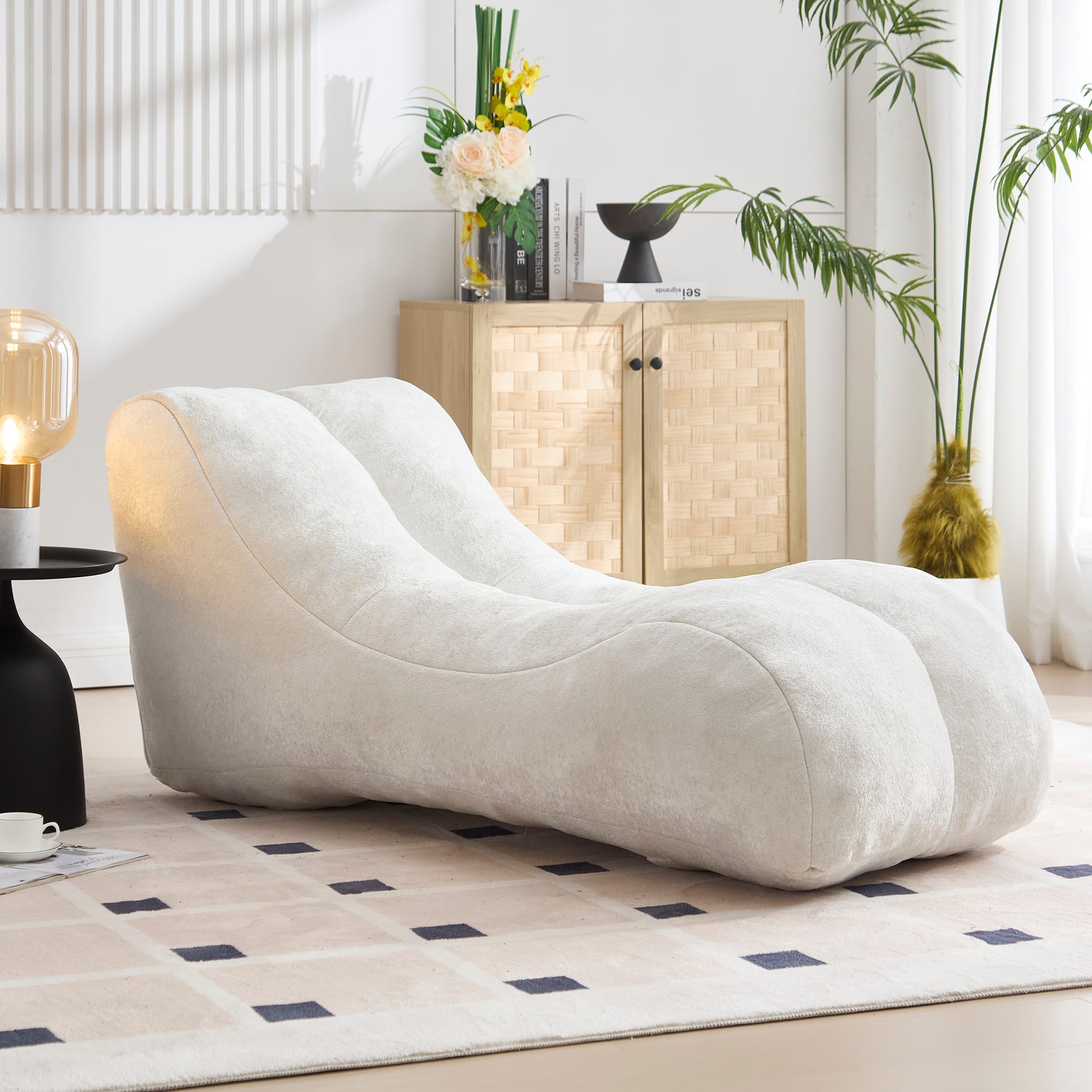 MOOSOO - Chaise Lounge Chair Indoor, Lazy Bean Bag Chair for Adults, Modern Suede Floor Sofa for Living Room, Bedroom - White