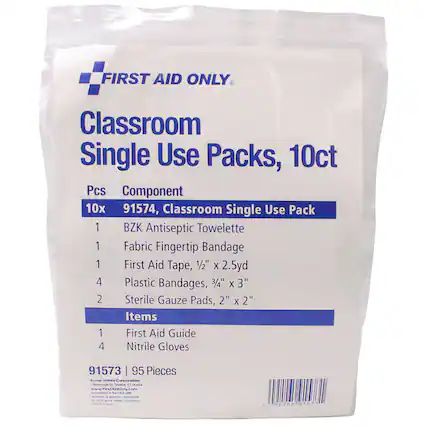 FIRST AID ONLY Classroom Single Use Packs, 10ct
Pcs Component
10x 91574, Classroom Single Use Pack
1 BZK Antiseptic Towelette
1 Fabric Fingertip Bandage
1 First Aid Tape, 1/2" x 2.5yd
4 Plastic Bandages, 3/4" x 3"
2 Sterile Gauze Pads, 2" x 2"
Items
1 First Aid Guide
4 Nitrile Gloves
91573 | 95 Pieces
Aa United Corporation
1 Waterbury Dr., Shelton, CT 06484
www.FirstAidOnly.com
1-800-346-2446
1 54 VATAMIOny 92265 91573