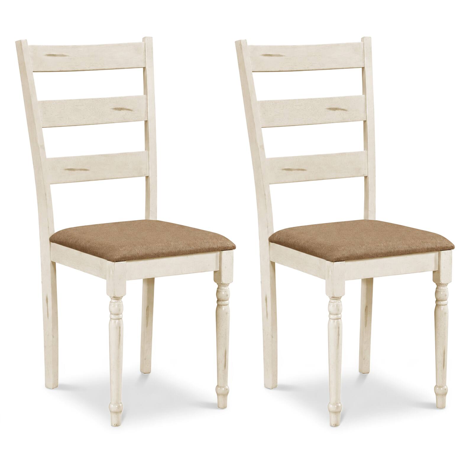 Costway - Rubber Wood Dining Chairs Set of 2 with Soft Padded Seat & Breathable Linen Fabric - White+Brown