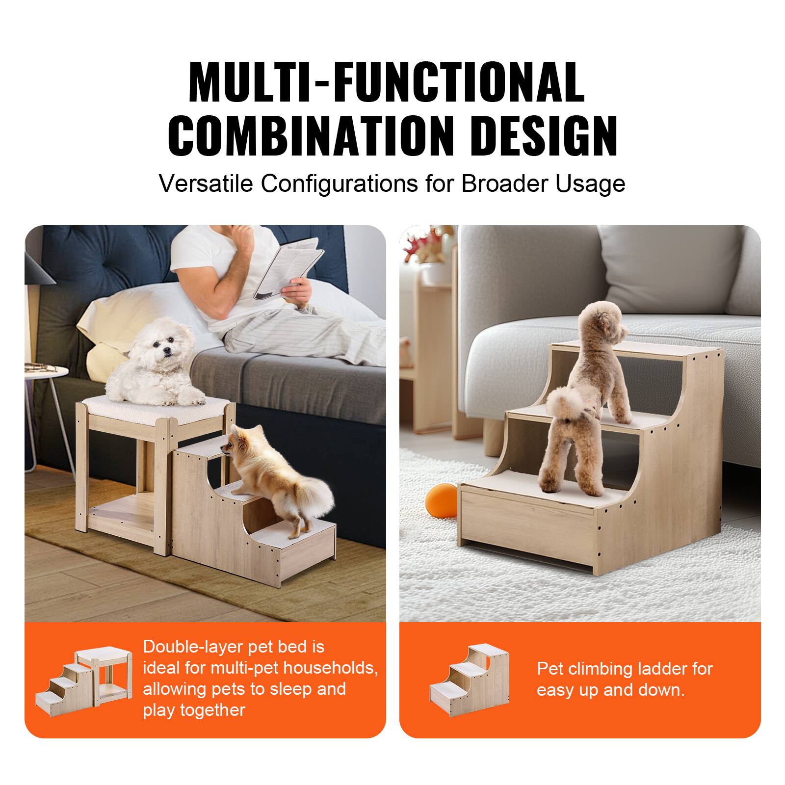 MULTI-FUNCTIONAL COMBINATION DESIGN  
Versatile Configurations for Broader Usage  

Double-layer pet bed is ideal for multi-pet households, allowing pets to sleep and play together  

Pet climbing ladder for easy up and down.