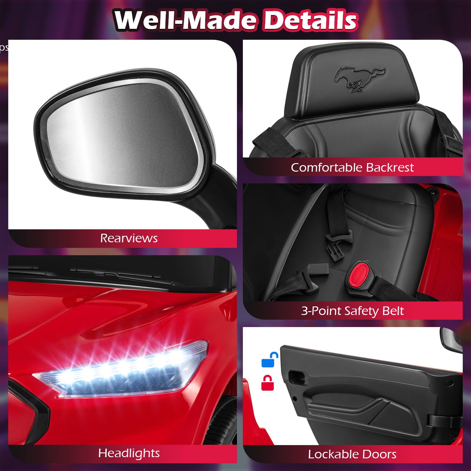 - Well-Made Details
- Comfortable Backrest
- Rearviews
- 3-Point Safety Belt
- Headlights
- Lockable Doors