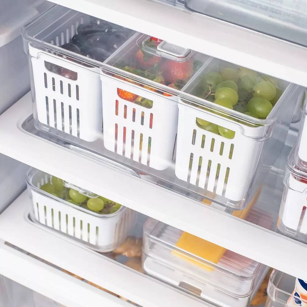 Left. OU - OU Fridge Organizer Bins with Drain Basket & Vented Lid, BPA Free Produce Kitchen Storage Container - Clear.