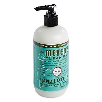 HARDWORKING HOMEMAKER  
Mrs. MEYER'S  
CLEAN DAY  
AROMATHERAPEUTIC  
HAND LOTION  
with bright, fresh KASI BASIL SCENT  
HAND MADE WITH SHEA BUTTER & ALMOND OIL  
12 FL OZ (355 mL)