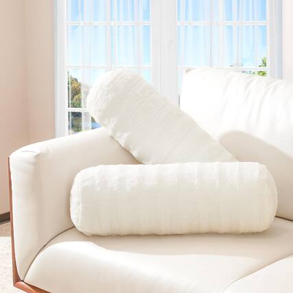 Front. Cheer Collection - Faux Fur Bolster Pillows – Soft Decorative Cylinder Pillows for Bed or Couch, Machine Washable – 8” x 24”, Set of 2 - White.