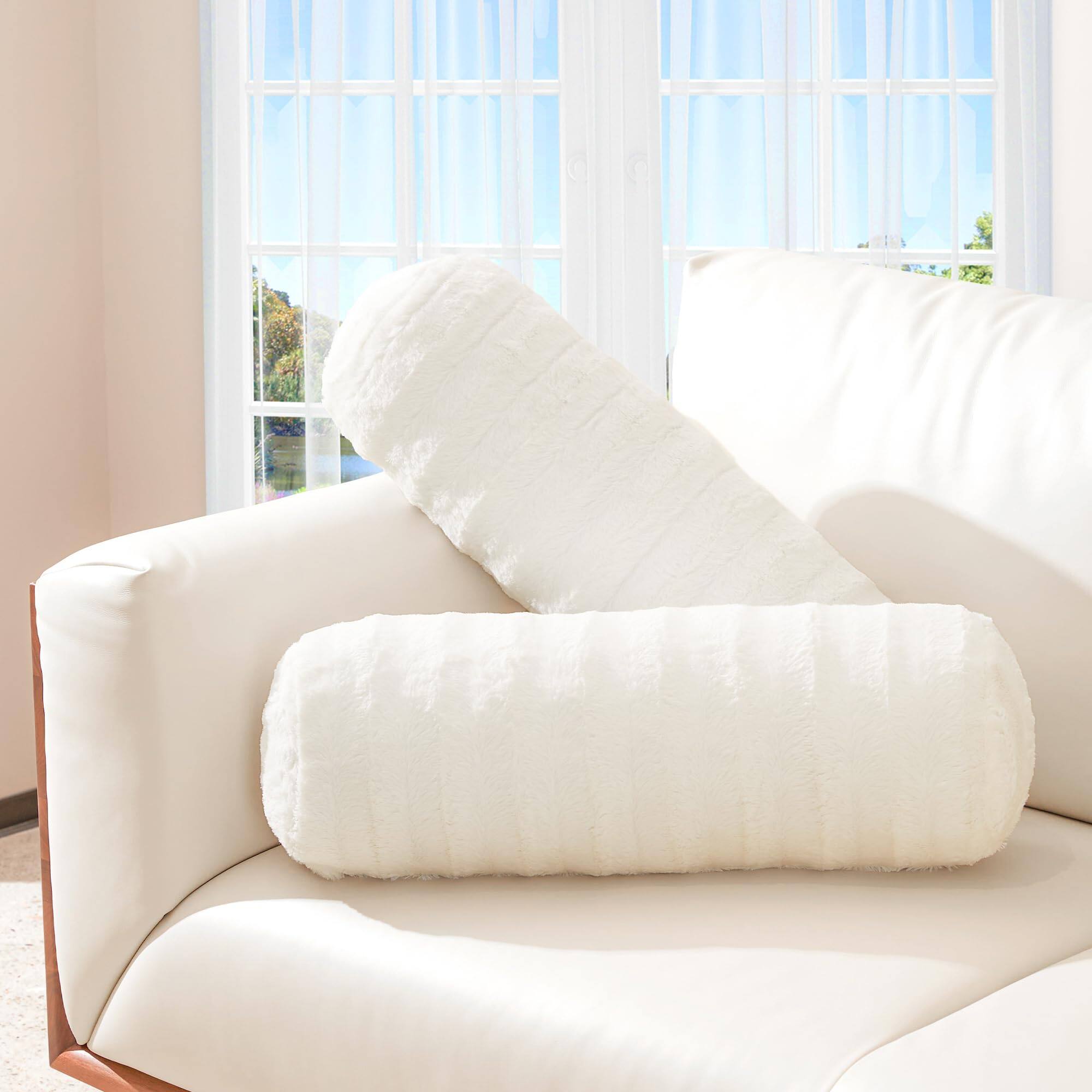 Front. Cheer Collection - Faux Fur Bolster Pillows – Soft Decorative Cylinder Pillows for Bed or Couch, Machine Washable – 8” x 24”, Set of 2 - White.