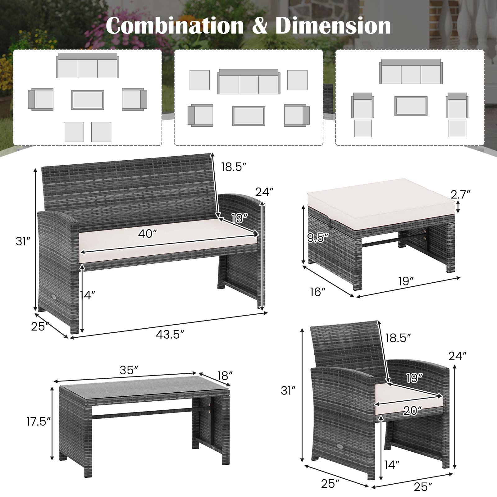 Combination & Dimension

18.5" 31" 40" 24" 19" 9.5" 2.7"  4" 16" 18" 35" 43.5" 17.5" 20" 14" 25"