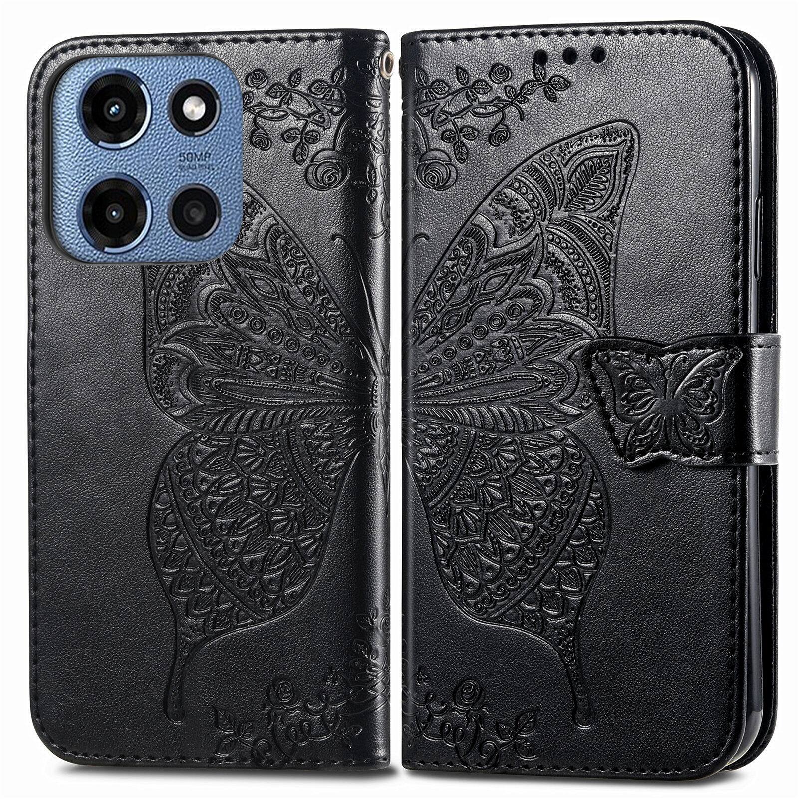 Angle. UUCOVER - PU Leather Wallet Case for Motorola G 5G (2025) with Card Cash Holder, Magnetic Clasp Flip Stand Cover with Wrist Strap - Black.