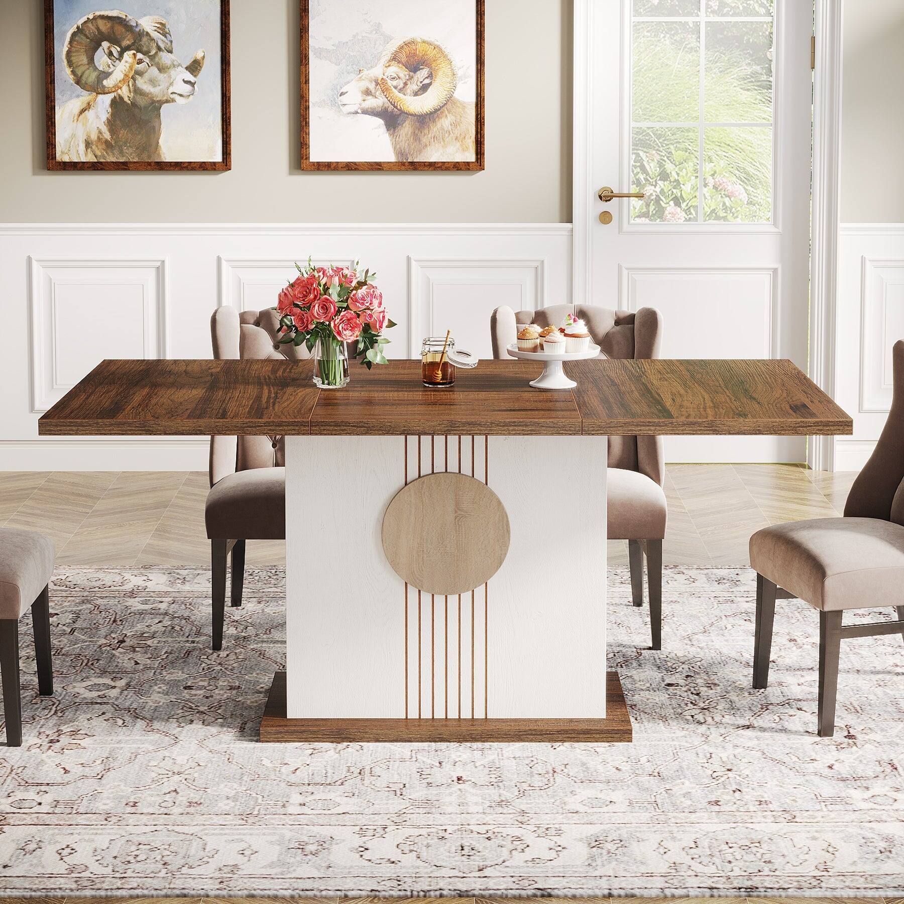 Angle. Tribesigns - Farmhouse Dining Table with Engineered Wood Construction and Easy-Clean Surface for Dining Room - Brown.