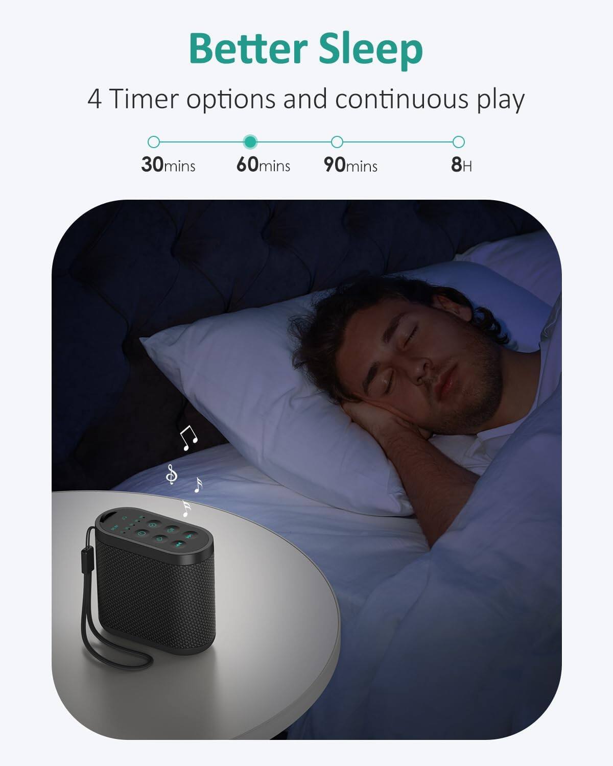 Better Sleep

4 Timer options and continuous play

30mins 60mins 90mins 8H