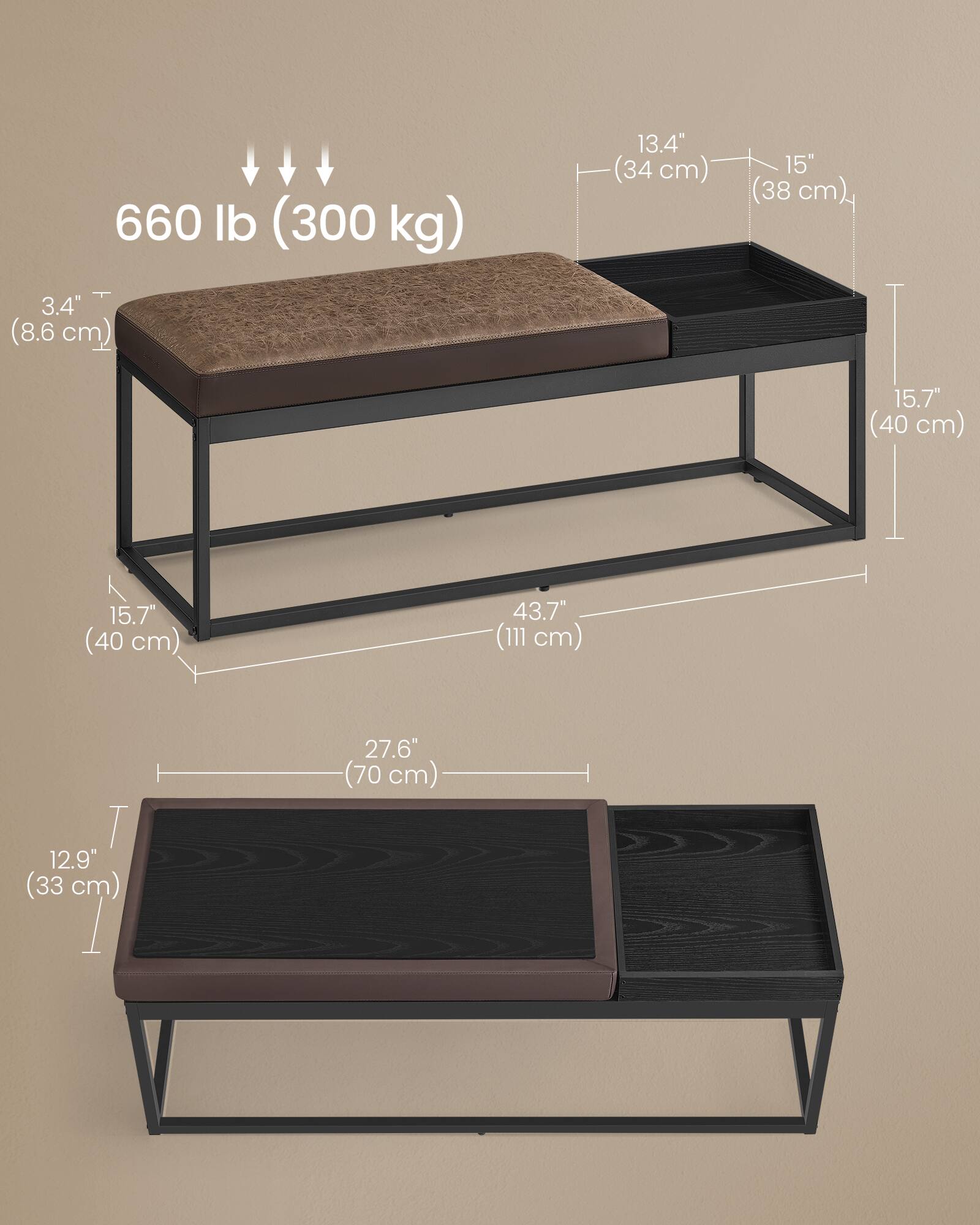 660 lb (300 kg)

3.4" (8.6 cm)

13.4" (34 cm) x 15" (38 cm)

15.7" (40 cm) x 15.7" (40 cm)

43.7" (111 cm) x 27.6" (70 cm)

12.9" (33 cm)