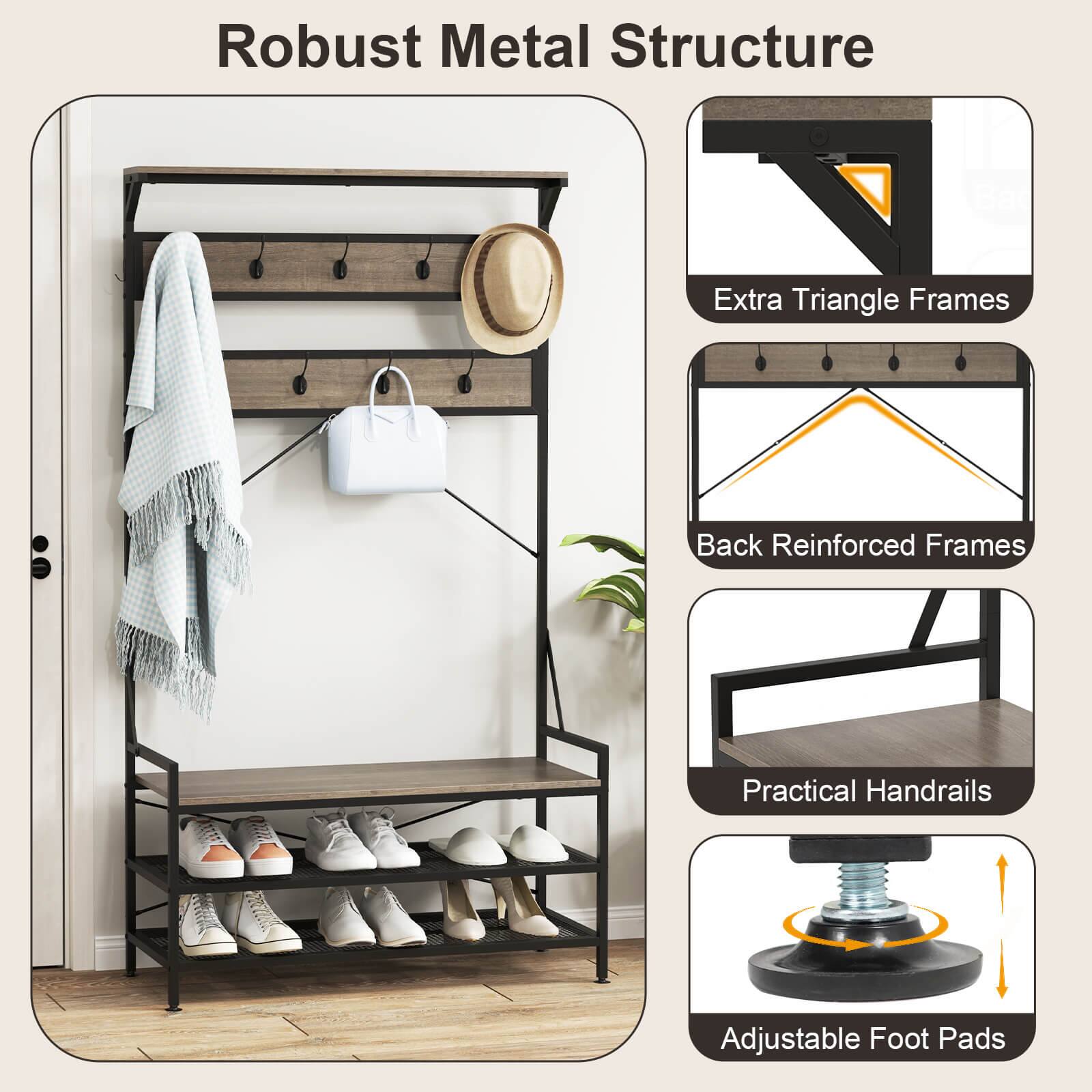 Robust Metal Structure

- Extra Triangle Frames
- Back Reinforced Frames
- Practical Handrails
- Adjustable Foot Pads