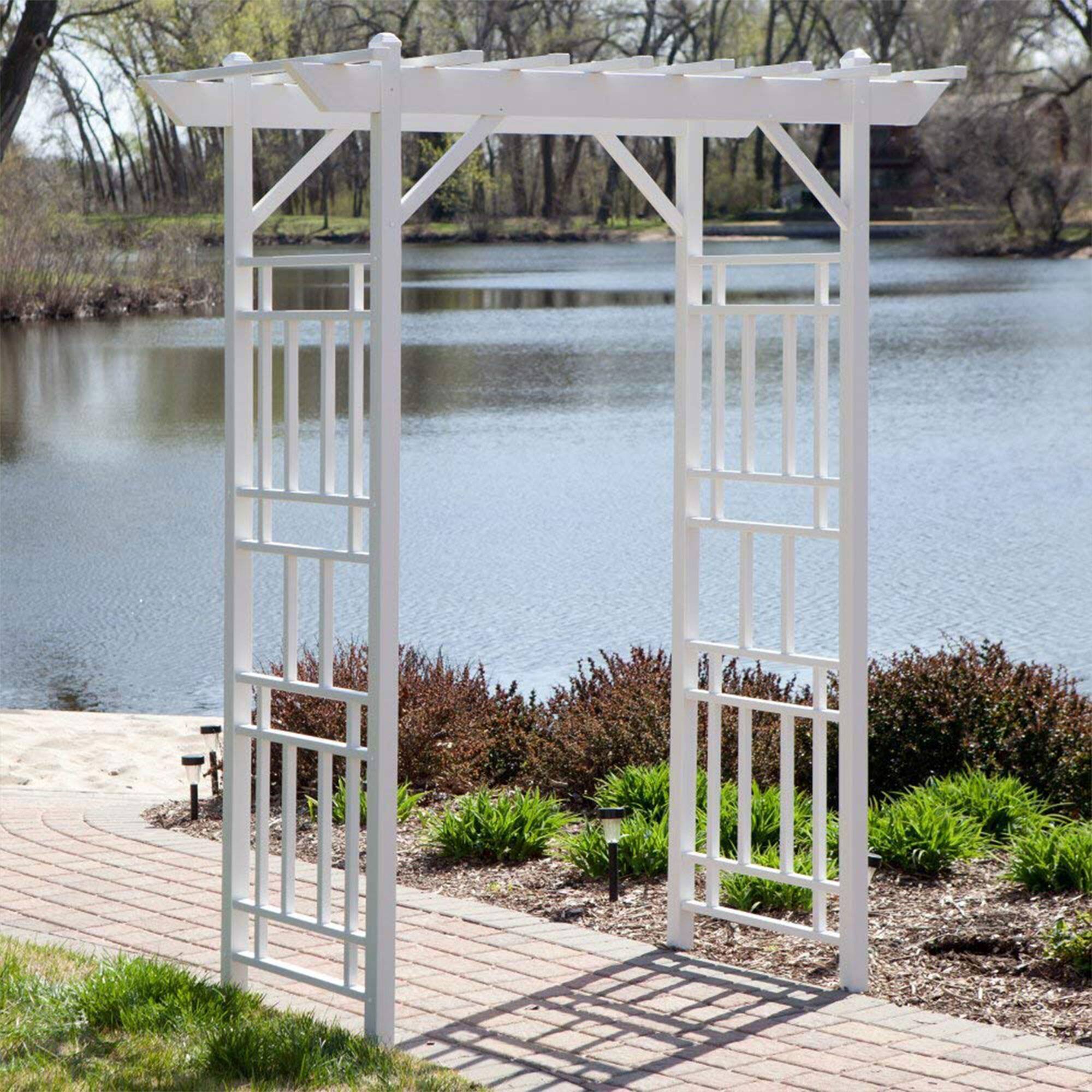 Alt View 4. Dura-Trel - Dura-Trel Wellington Arbor 72" x 85" Outdoor Garden Arch Lattice Trellis, White - White.