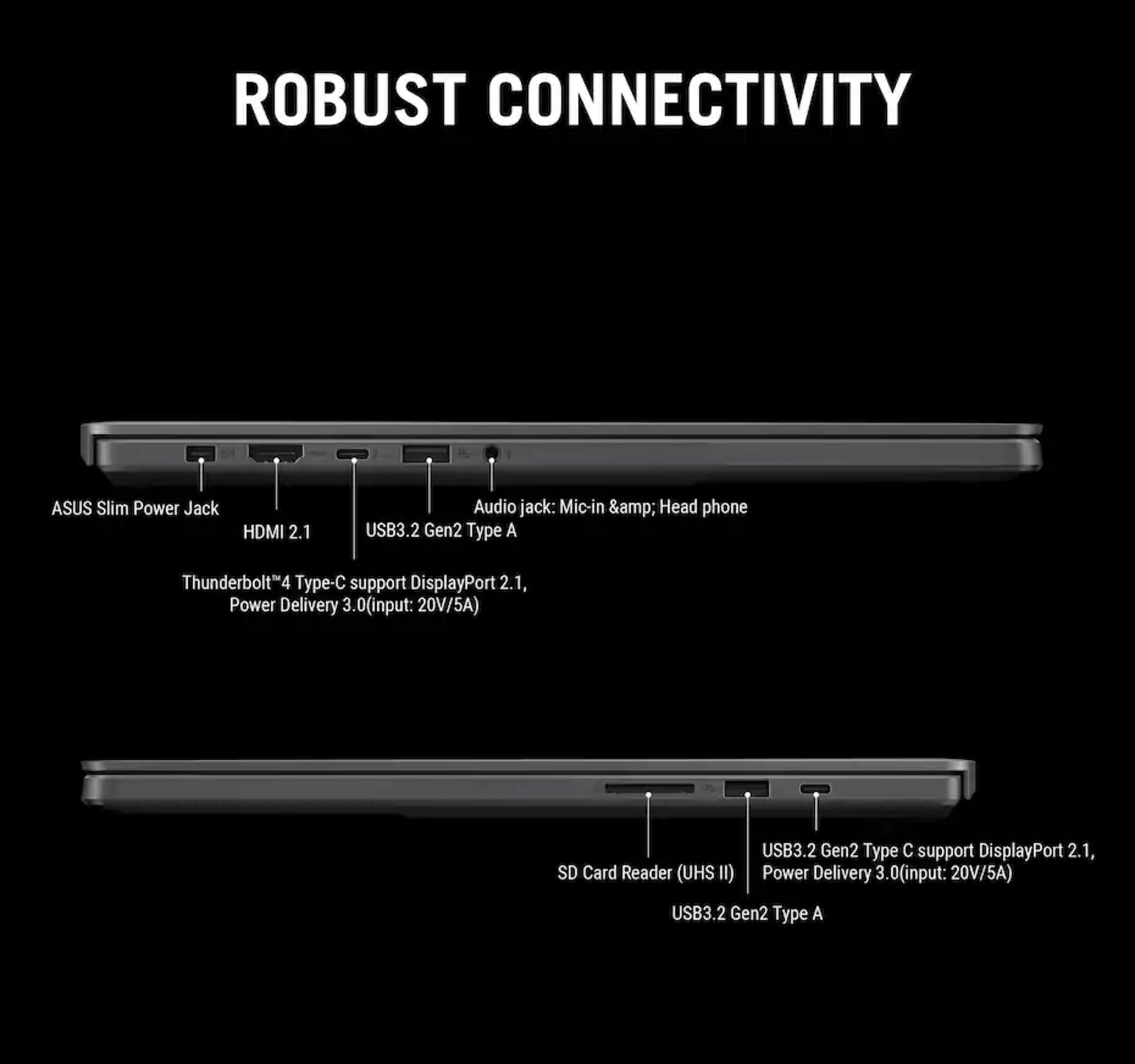 ROBUST CONNECTIVITY

ASUS Slim Power Jack
HDMI 2.1
Audio jack: Mic-in & Head phone
USB3.2 Gen2 Type A
Thunderbolt4 Type-C support DisplayPort 2.1, Power Delivery 3.0(input: 20V/5A)
SD Card Reader (UHS II)
USB3.2 Gen2 Type C support DisplayPort 2.1, Power Delivery 3.0(input: 20V/5A)
USB3.2 Gen2 Type A