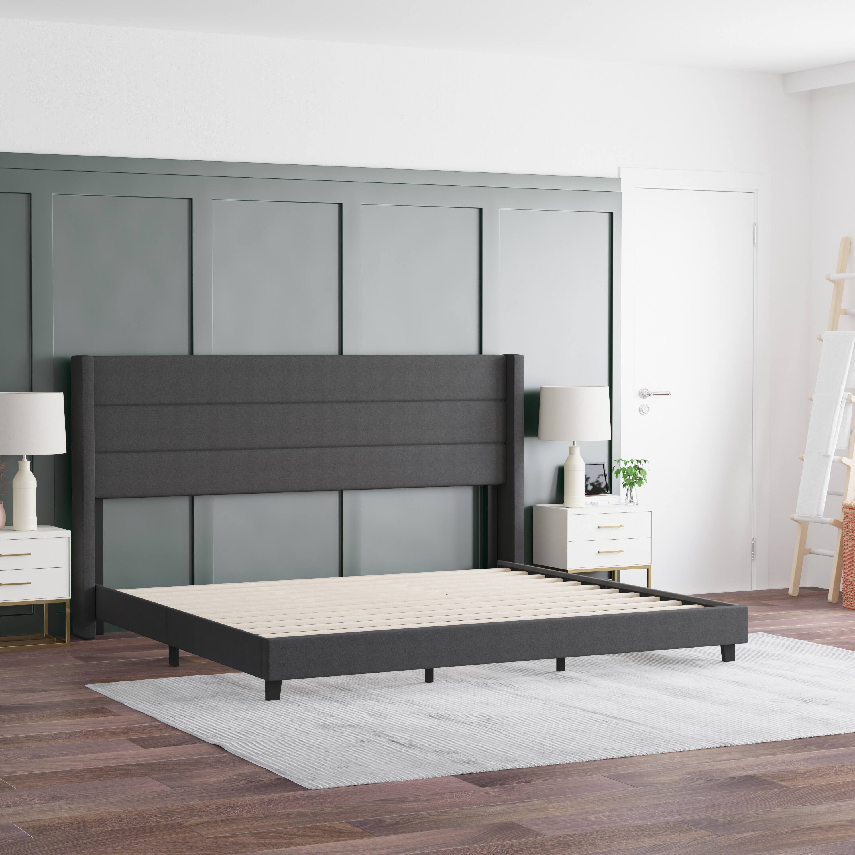 Alt View 3. Emma + Oliver - Upholstered Platform Bed with Wingback Headboard - Charcoal.
