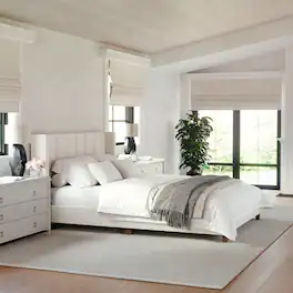 Martha Stewart - Kay Faux Linen Queen Size Platform Bed with Channel Stitched Headboard - Beige Fabric/Walnut Legs