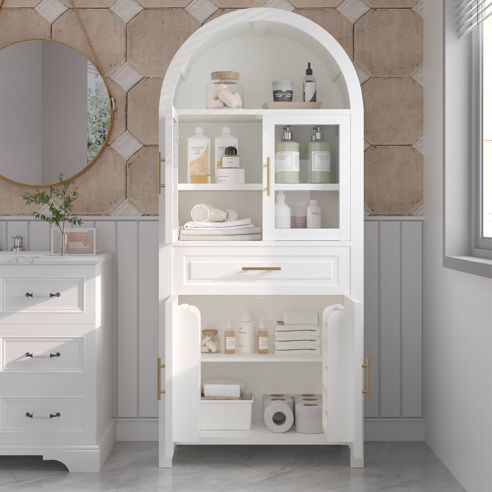 Angle. Loheer - Loheer Arched Kitchen Pantry Cabinet, White Farmhouse Storage Cabinet with Glass Doors, Drawer, Adjustable Shelves - White.
