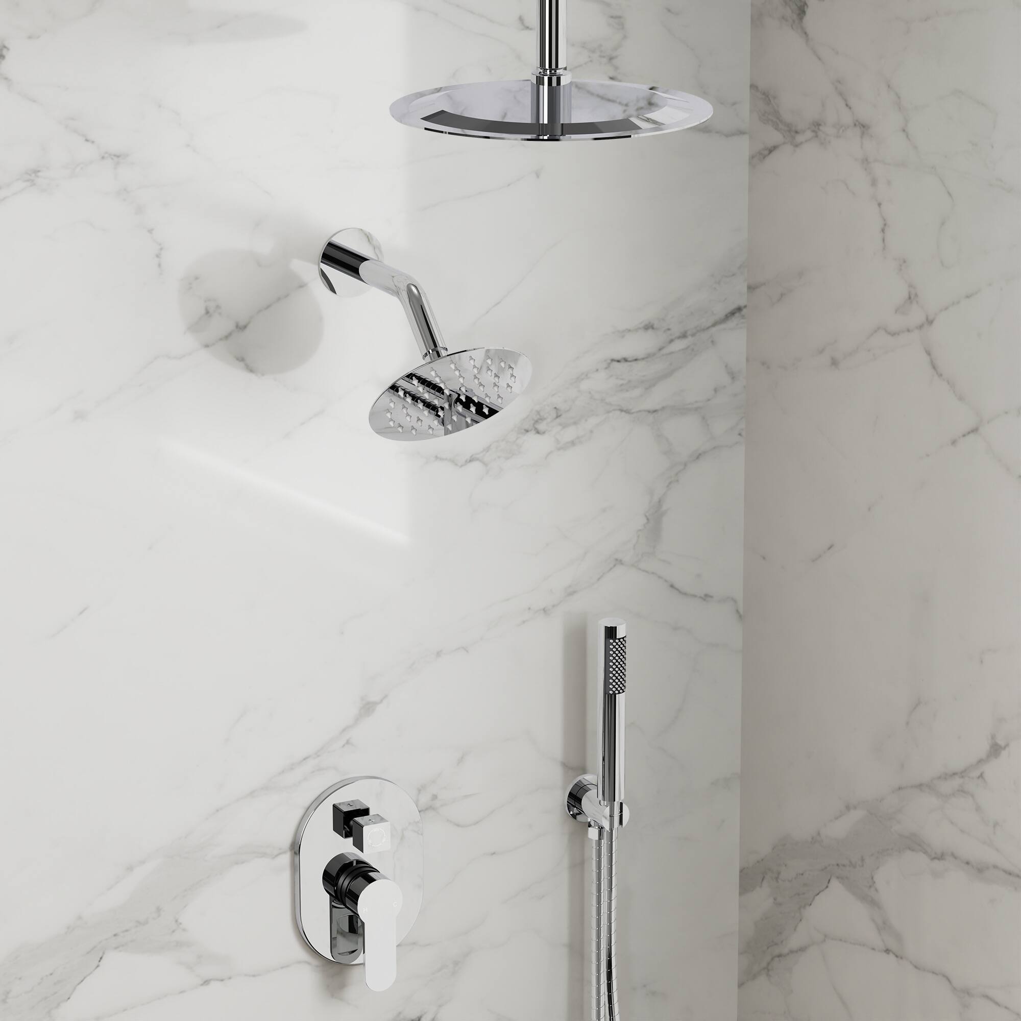 Angle. GRANDJOY - Dual Shower Head System with 10" Rainfall Head, Handheld Sprayer and Adjustable Slide Bar - Polished Chrome.