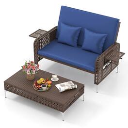 Costway - 2 PCS Wicker Loveseat & Storage Ottoman with 4-Level Backrest & Soft Cushion - Navy