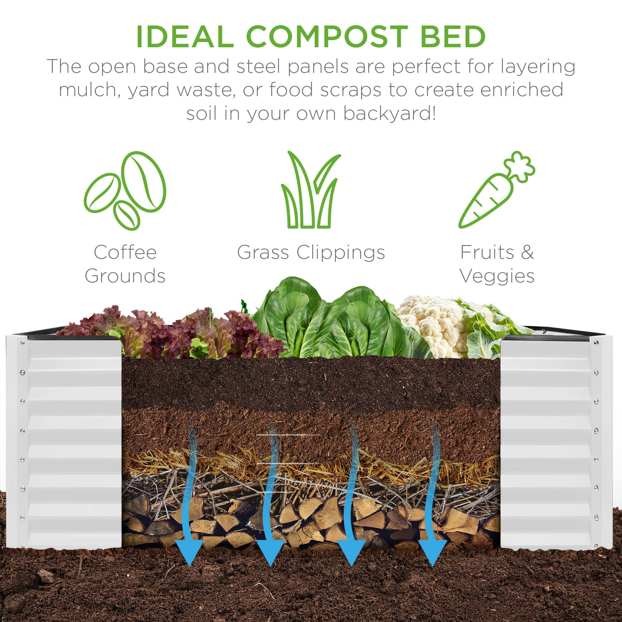 IDEAL COMPOST BED

The open base and steel panels are perfect for layering mulch, yard waste, or food scraps to create enriched soil in your own backyard!

- Coffee Grounds
- Grass Clippings
- Fruits & Veggies