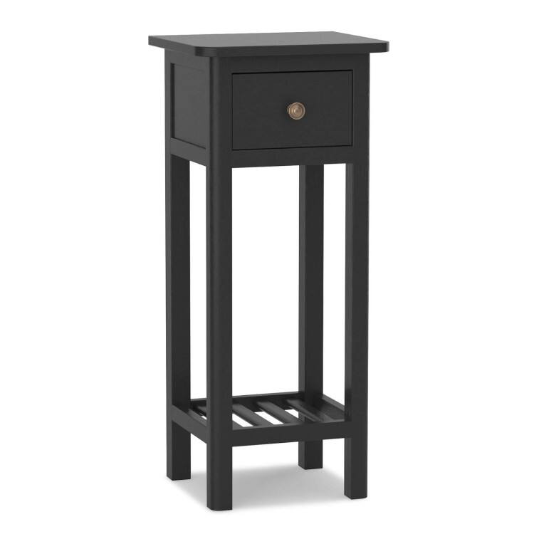 Front. SlickBlue - Modern 2-Tier Nightstand – Slim Bedside Table with Storage Drawer and Shelf - Black.