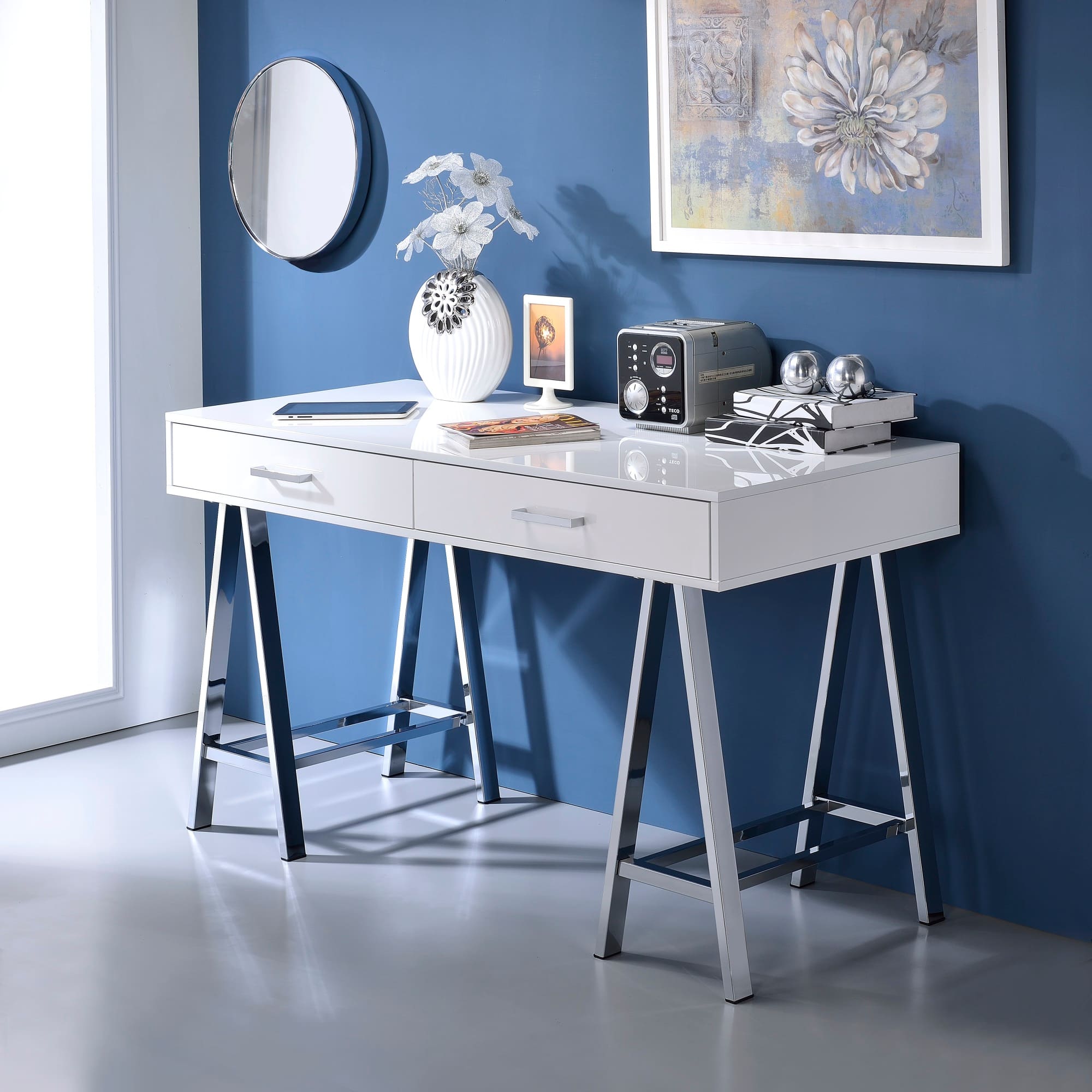 GOODSILO - Modern Writing Desk with Built-in USB Charging Port and Dual Storage Drawers for Home Office - Chrome+White