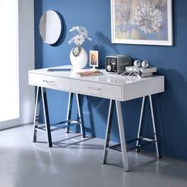 GOODSILO - Modern Writing Desk with Built-in USB Charging Port and Dual Storage Drawers for Home Office - Chrome+White