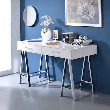 Front. GOODSILO - Modern Writing Desk with Built-in USB Charging Port and Dual Storage Drawers for Home Office - Chrome+White.
