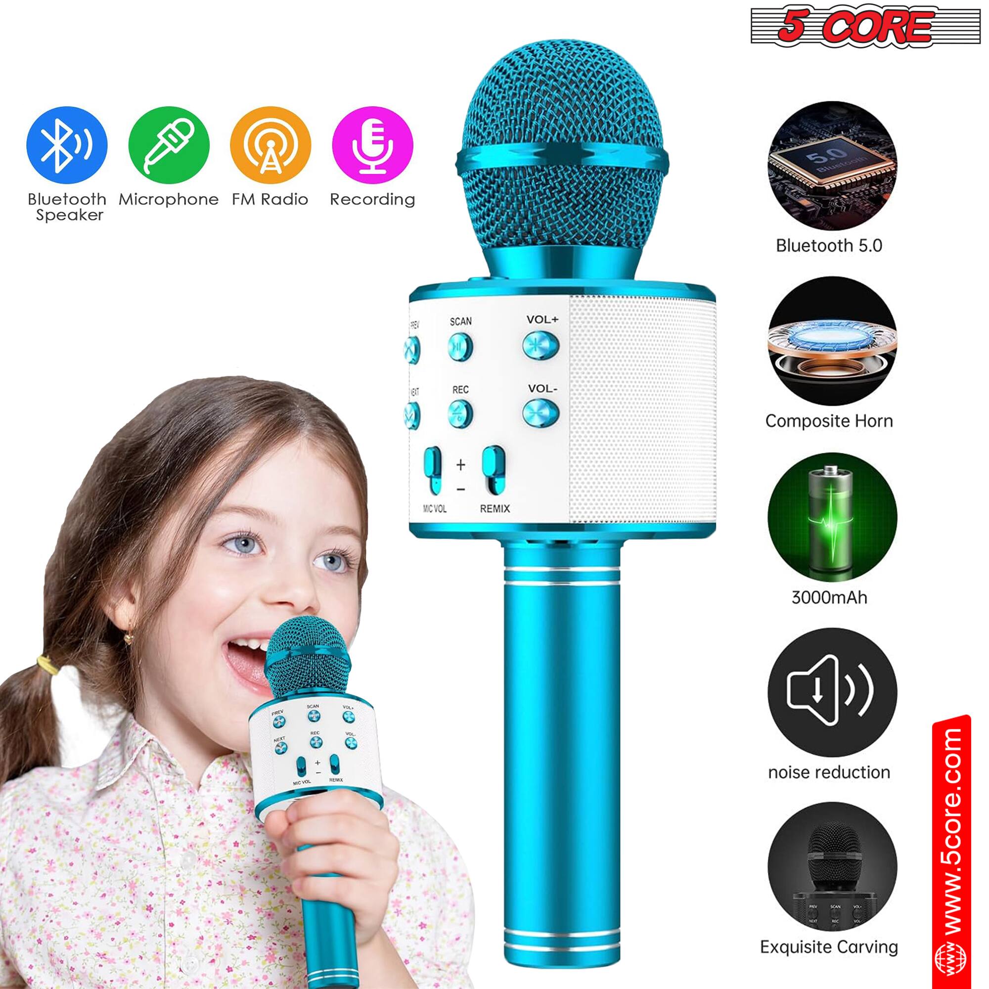 5 CORE E 5.0 Bluetooth Microphone FM Radio Recording Speaker Bluetooth 5.0 + SCAN VOL+ REC VOL- Composite Horn + ee RCVOL REMIX 3000mAh - noise reduction Exquisite Carving www.5core.com