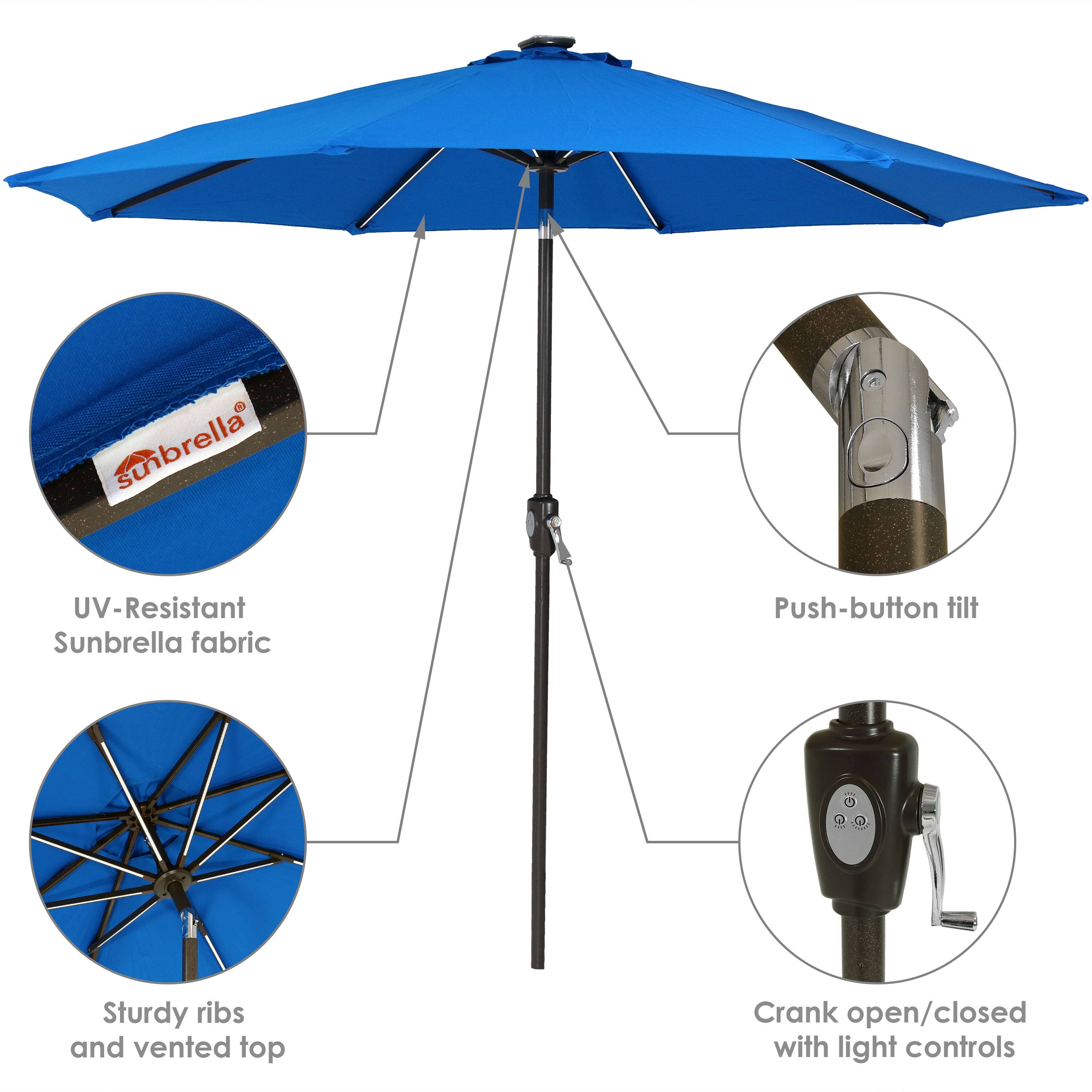 - UV-Resistant Sunbrella fabric
- Push-button tilt
- Sturdy ribs and vented top
- Crank open/closed with light controls