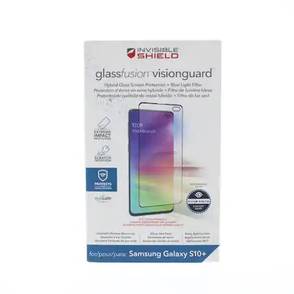 INVISIBLE SHIELD glassfusion visionguard Hybrid Glass Screen Protection + Blue Light Filter Protection d'cran en verre hybride + Filtre de lumire bleue Protector de pantalla de cristal hibrido + Filtro de luz azul EXTREME IMPACT PROTECTION 10:09 Wed February 20 SCRATCH PROTECTION PROTECTS -TA ... TAS RECCENCEO SILAR eyesafe VISION MEALEH AOVISORY SOARD PIES CURVES PERFECTO SADAPTE PARALTEMENT ALLE COURBES y ADAPA PERFECTAMENTE 4 10 BORDES CEARVIES Limited Lifetime Warranty Glass-like Feel Easy Application Garantie a vie limite Sensation de verre Application facile Garantia limitada de per vida Sensacin similar al cristal Aplicacin facil for/pour/para: Samsung Galaxy S10+